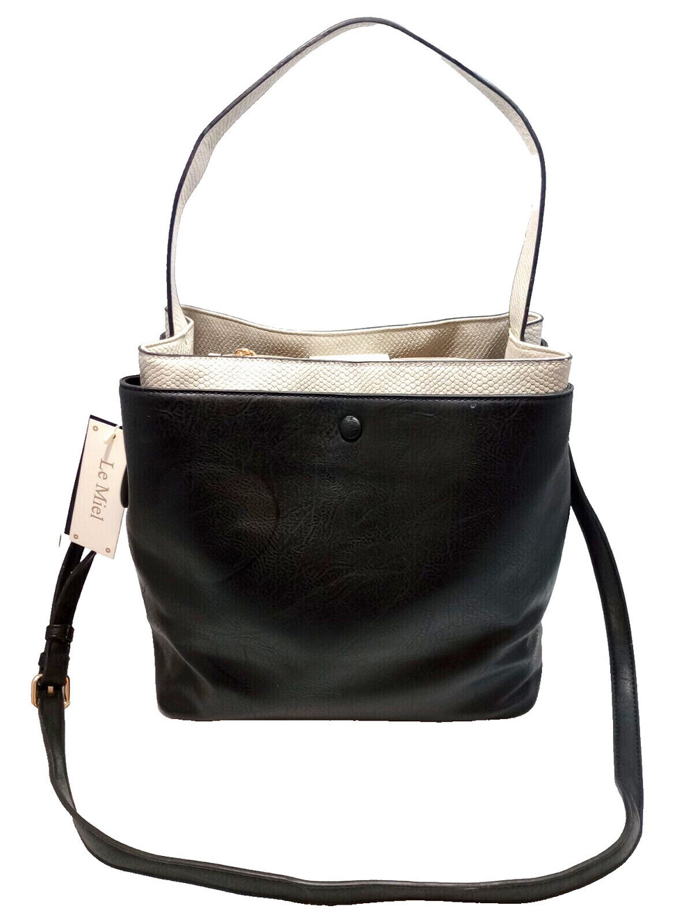 NWT Le Miel 2 in 1 Vegan Leather Tote Bag Purse Black Tan Shoulder Crossbody